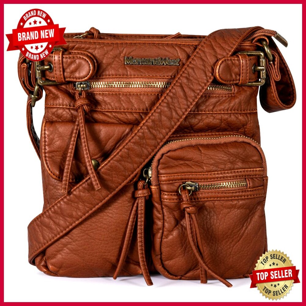 Soft Washed Leather Crossbody Bag With 9 Pockets Adjustable Strap